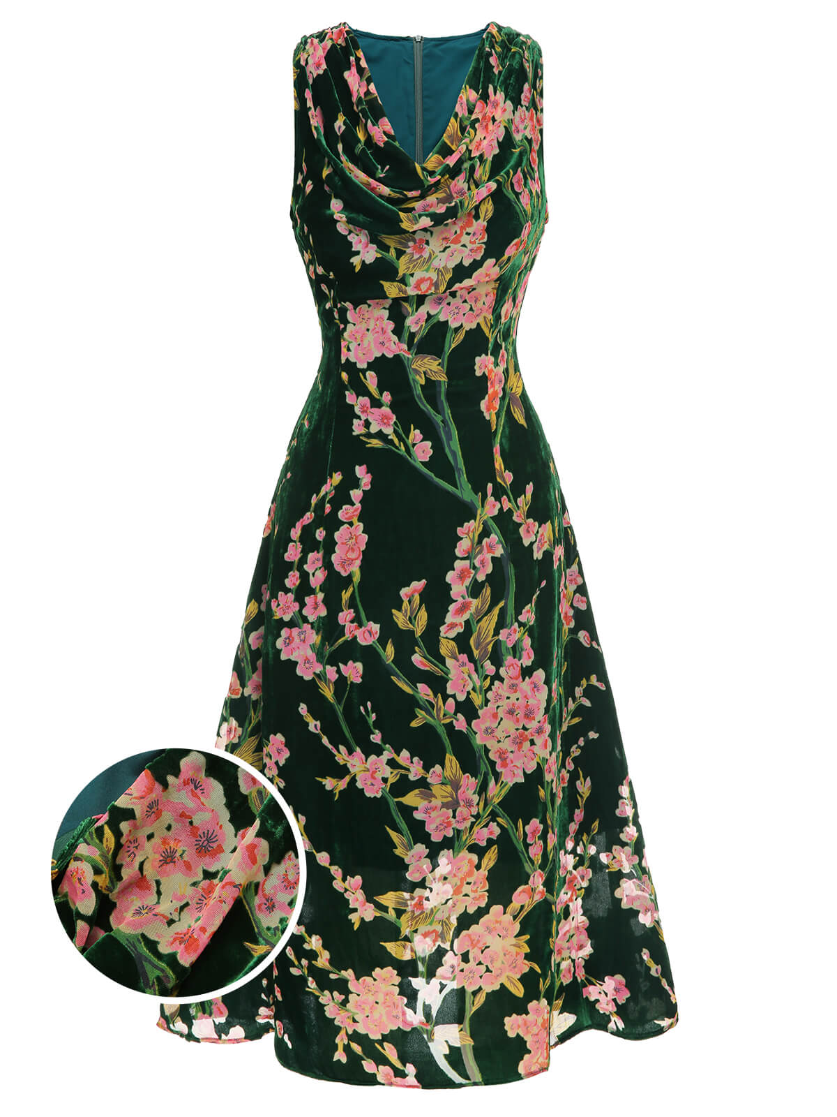 Green Floral Velvet Sleeveless Dress