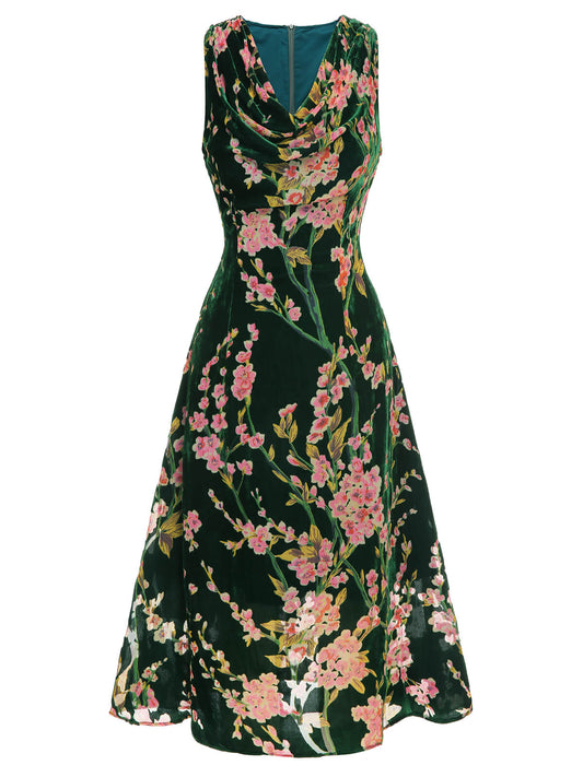 Green Floral Velvet Sleeveless Dress