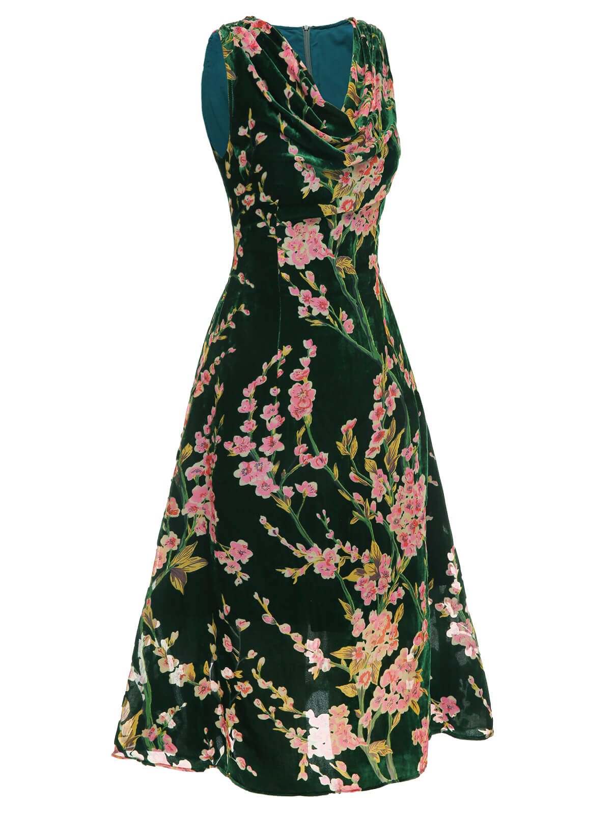 Green Floral Velvet Sleeveless Dress