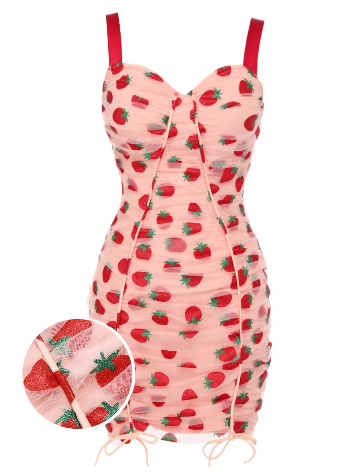 Pink  Strawberry Drawstring Strap Pencil Dress