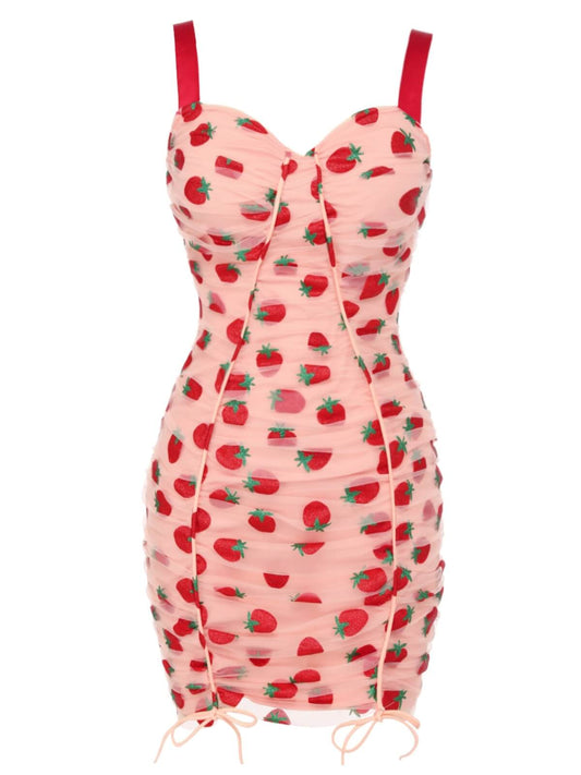 Pink  Strawberry Drawstring Strap Pencil Dress