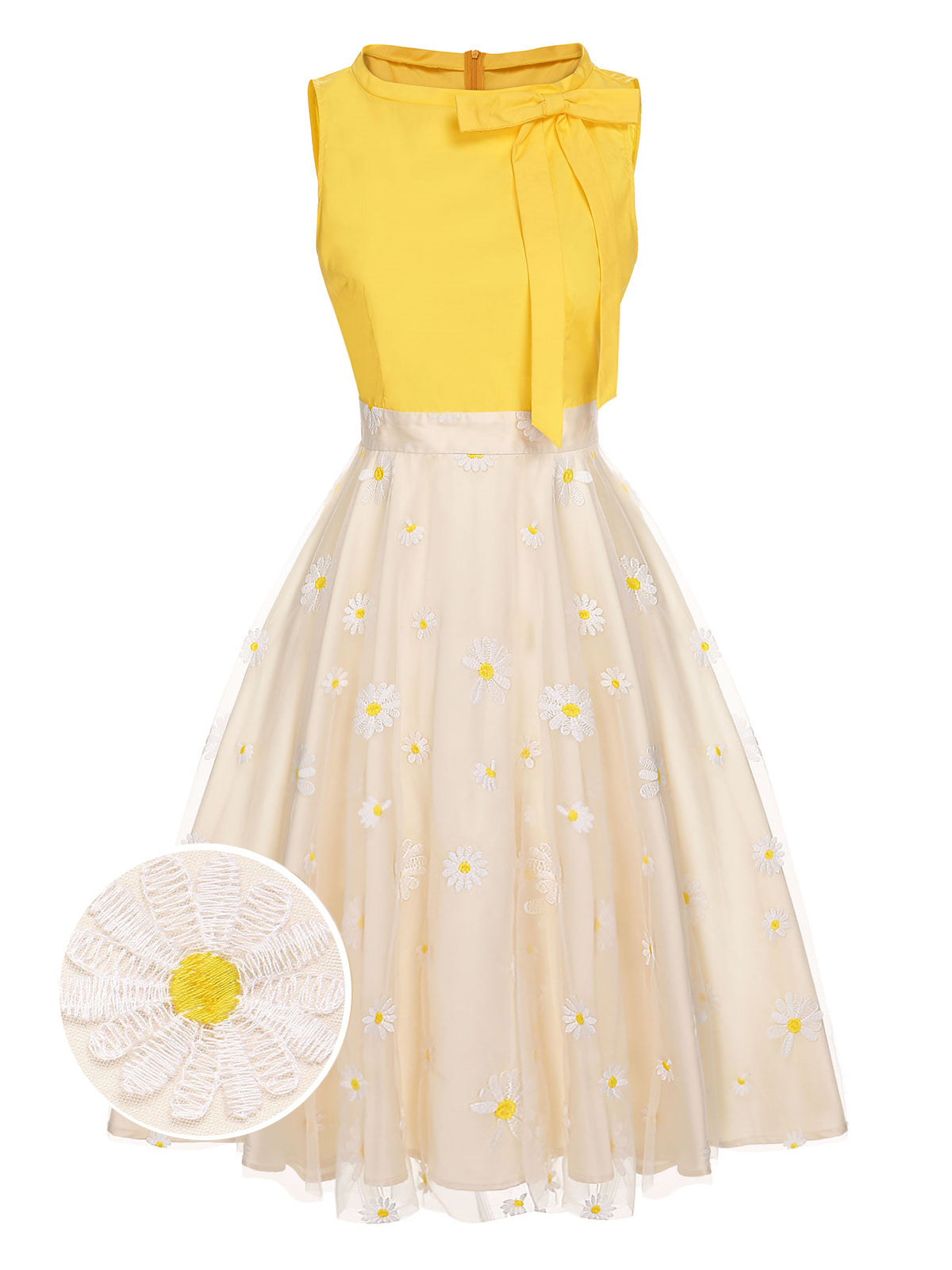 Yellow Daisy Bowtie Patchwork Dress