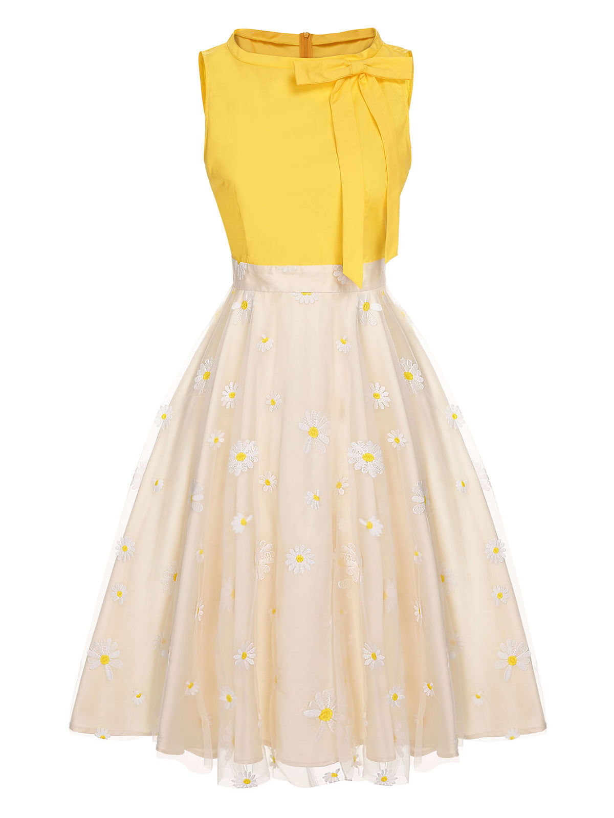 Yellow Daisy Bowtie Patchwork Dress