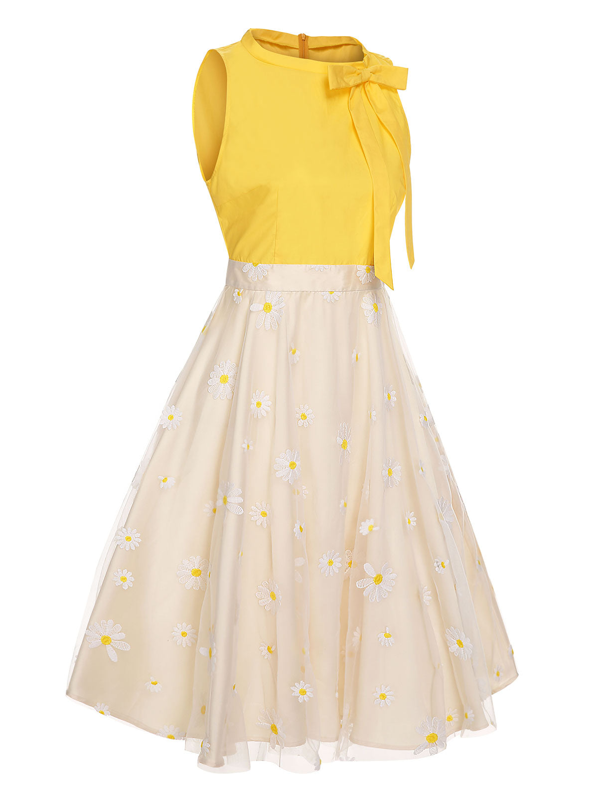 Yellow Daisy Bowtie Patchwork Dress