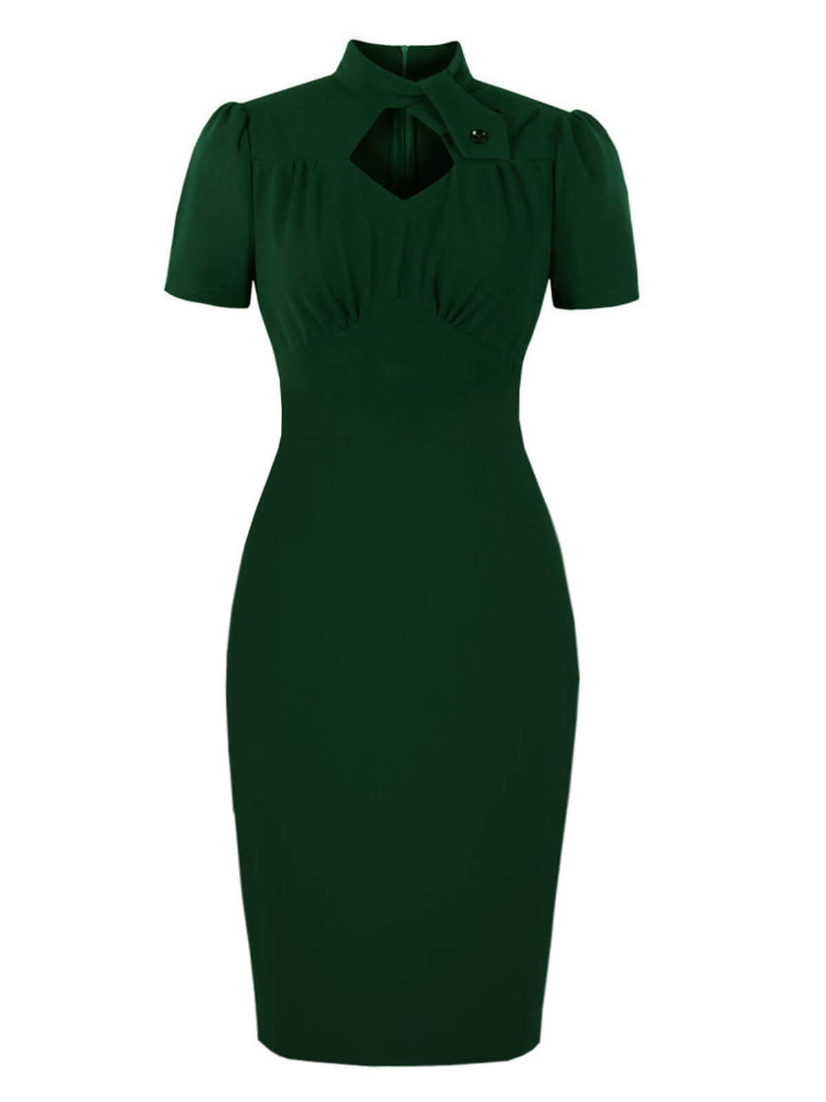 Green  Keyhole Stand Collar Pencil Dress