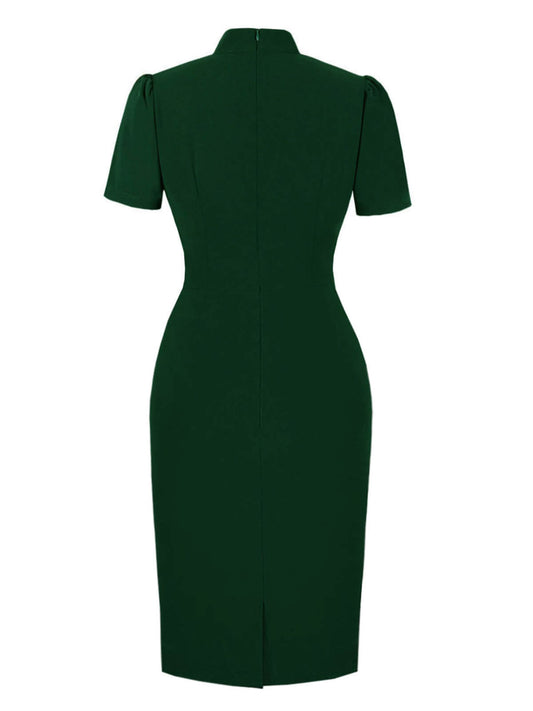 Green  Keyhole Stand Collar Pencil Dress