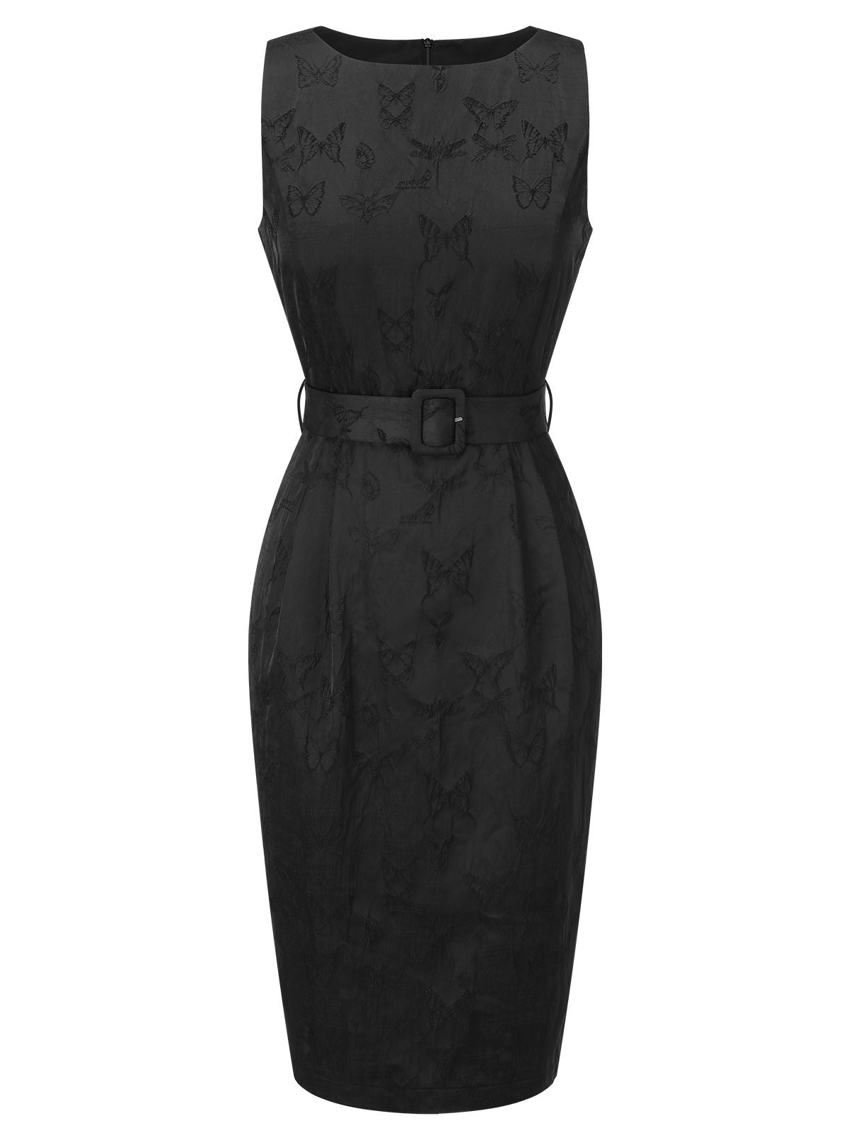 Black  Sleeveless Butterflies Belted Solid Dress