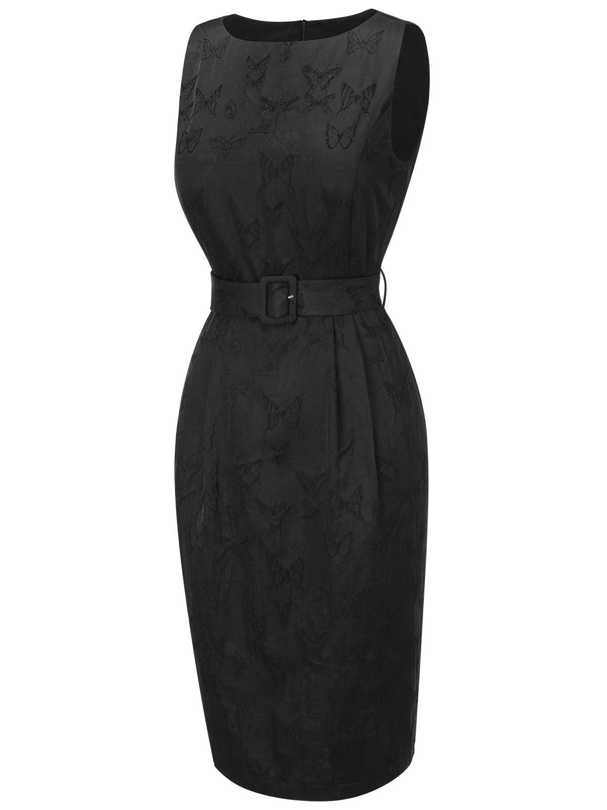 Black  Sleeveless Butterflies Belted Solid Dress