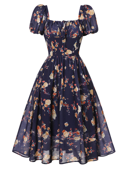 Navy Blue Floral Bubble Sleeves Dress