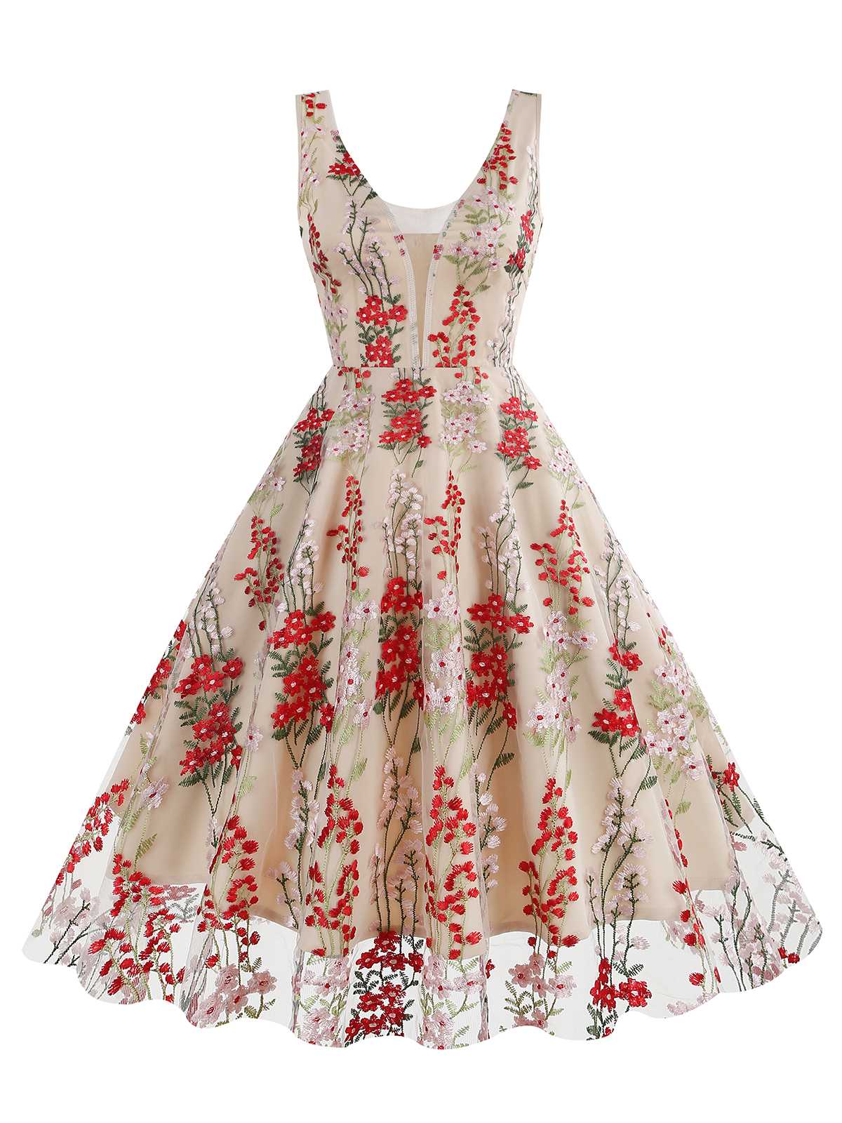 Embroidered Floral V-Neck Swing Dress