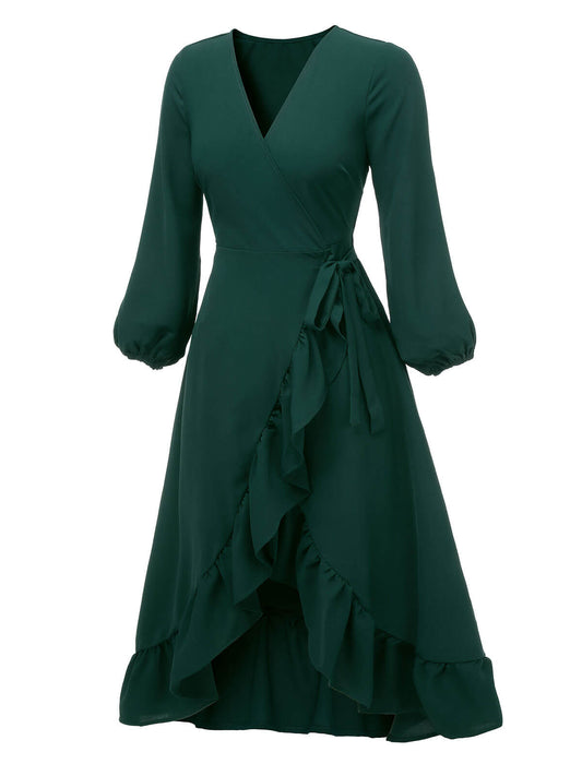 Green Lantern Sleeve Wrap V-Neck Dress