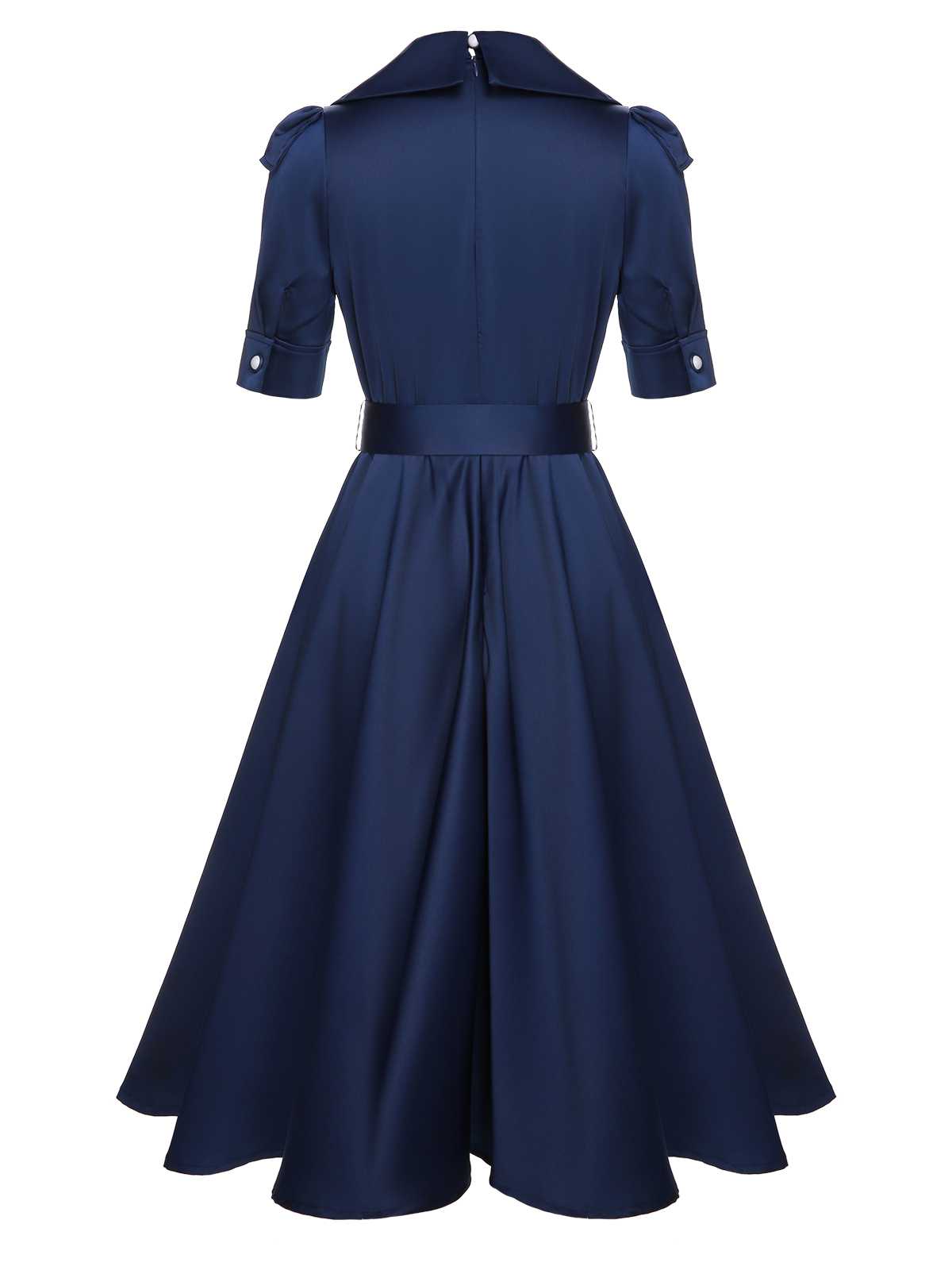 Blue Solid Short Sleeves Lapel Dress