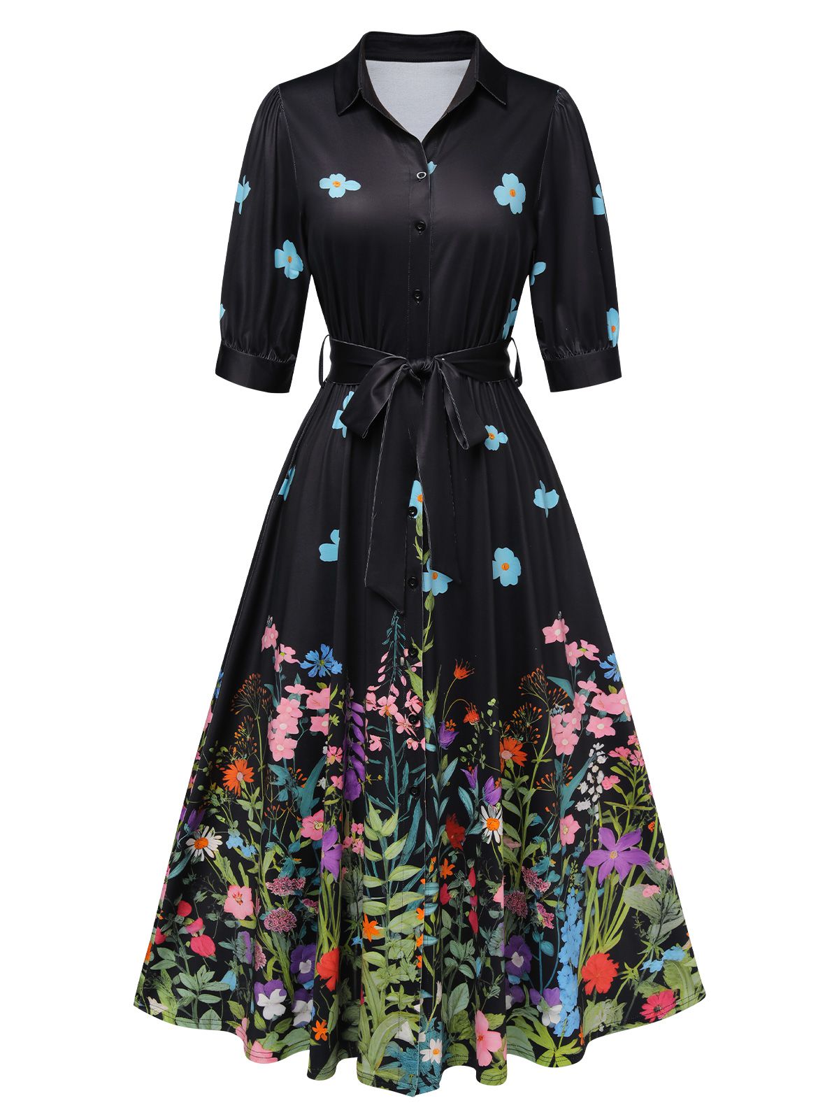 Black Floral Shirt Neck Belt Dress