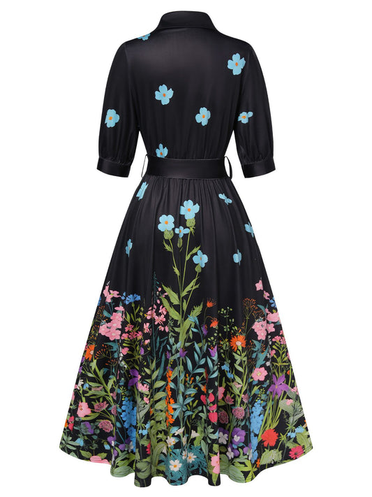 Black Floral Shirt Neck Belt Dress