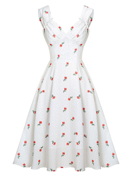 White Satin-faux Cherry Polka Dot Dress