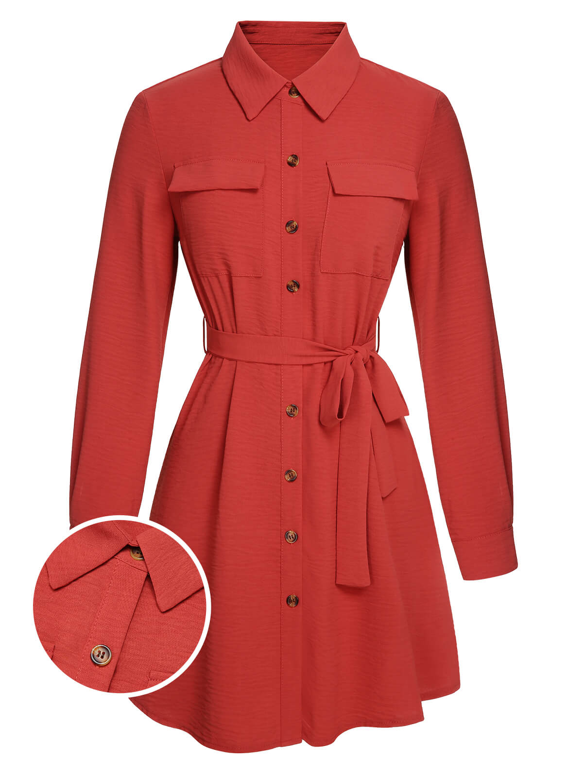 Red Lapel Long Sleeve Shirt Dress