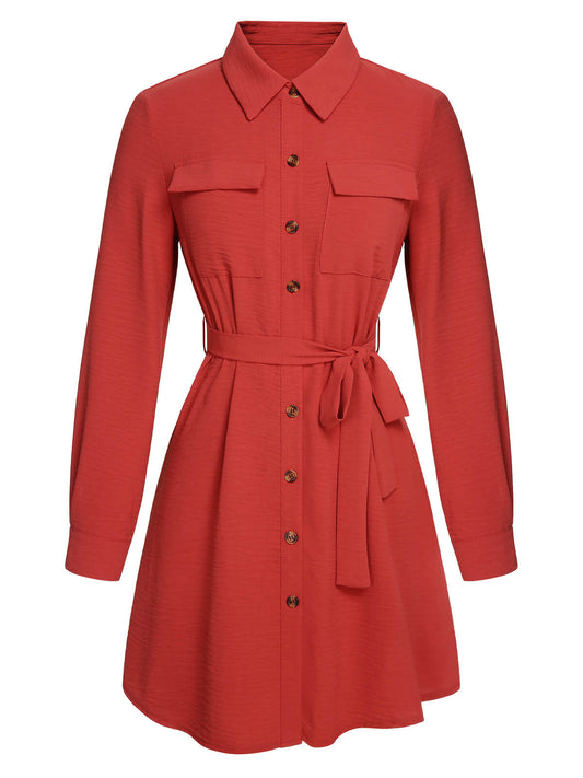 Red Lapel Long Sleeve Shirt Dress