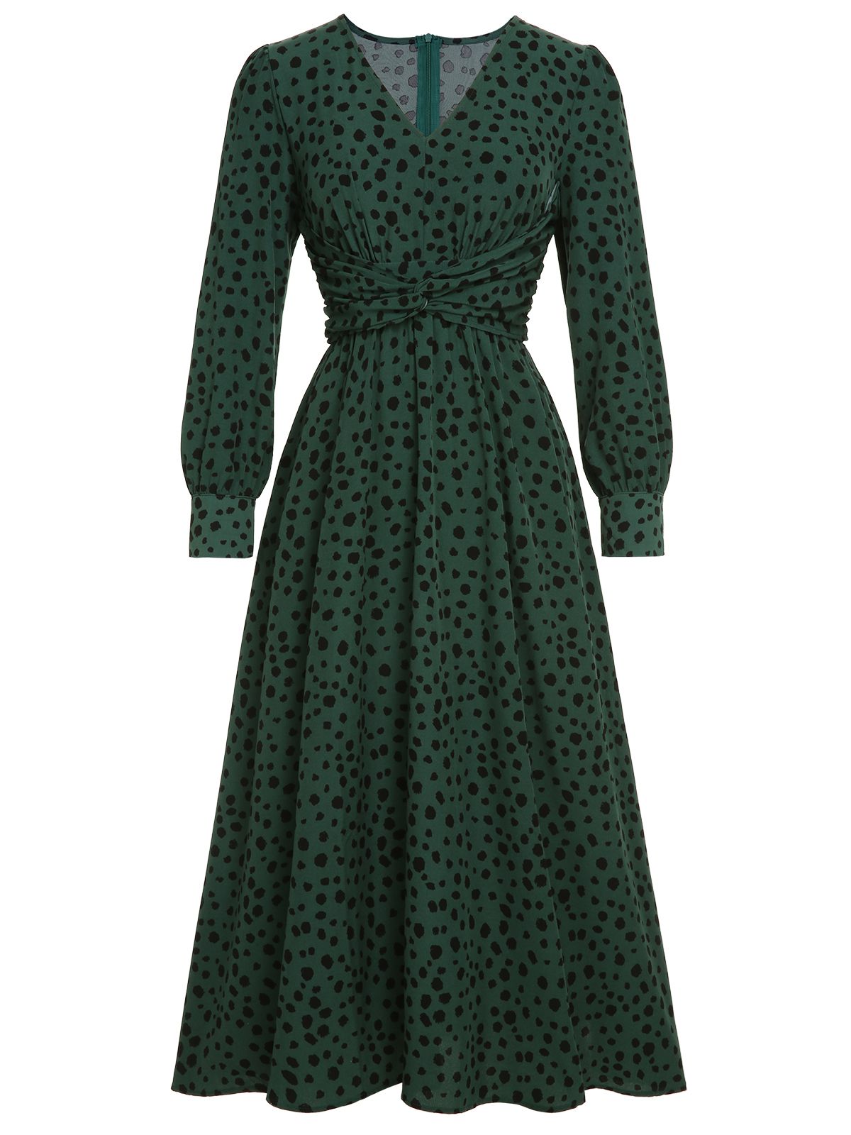 Green V-Neck Leopard A-Line Dress