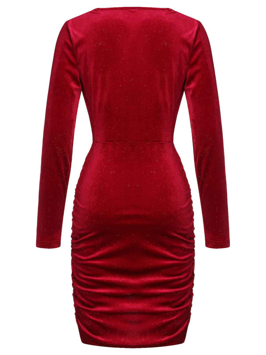 Red  Swing Collar Velvet Pencil Dress