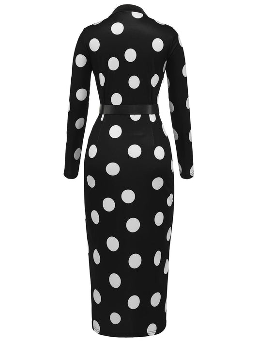 Black  Polka Dot V-Neck Dress