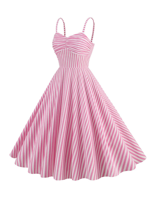 Pink Spaghetti Strap Stripes Swing Dress