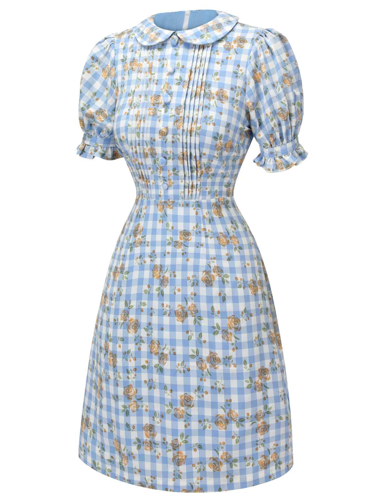 Blue  Puff Sleeve Floral Plaid Dress