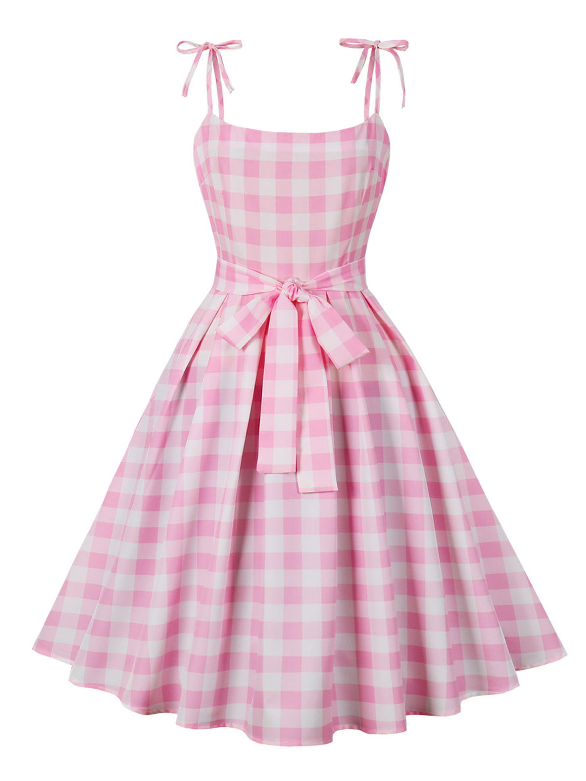 Pink Spaghetti Strap Plaid Swing Dress