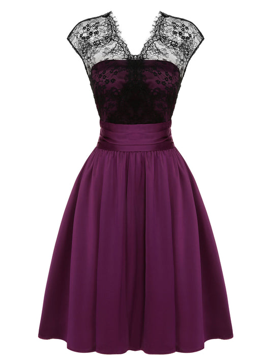 Dark Purple Lace Patchwork V-Neck Dress