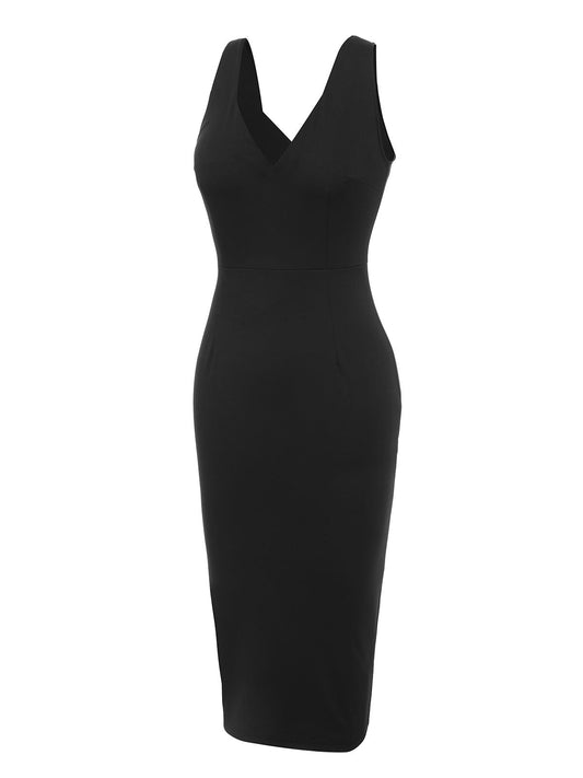 Black  V-Neck Solid Bodycon Dress