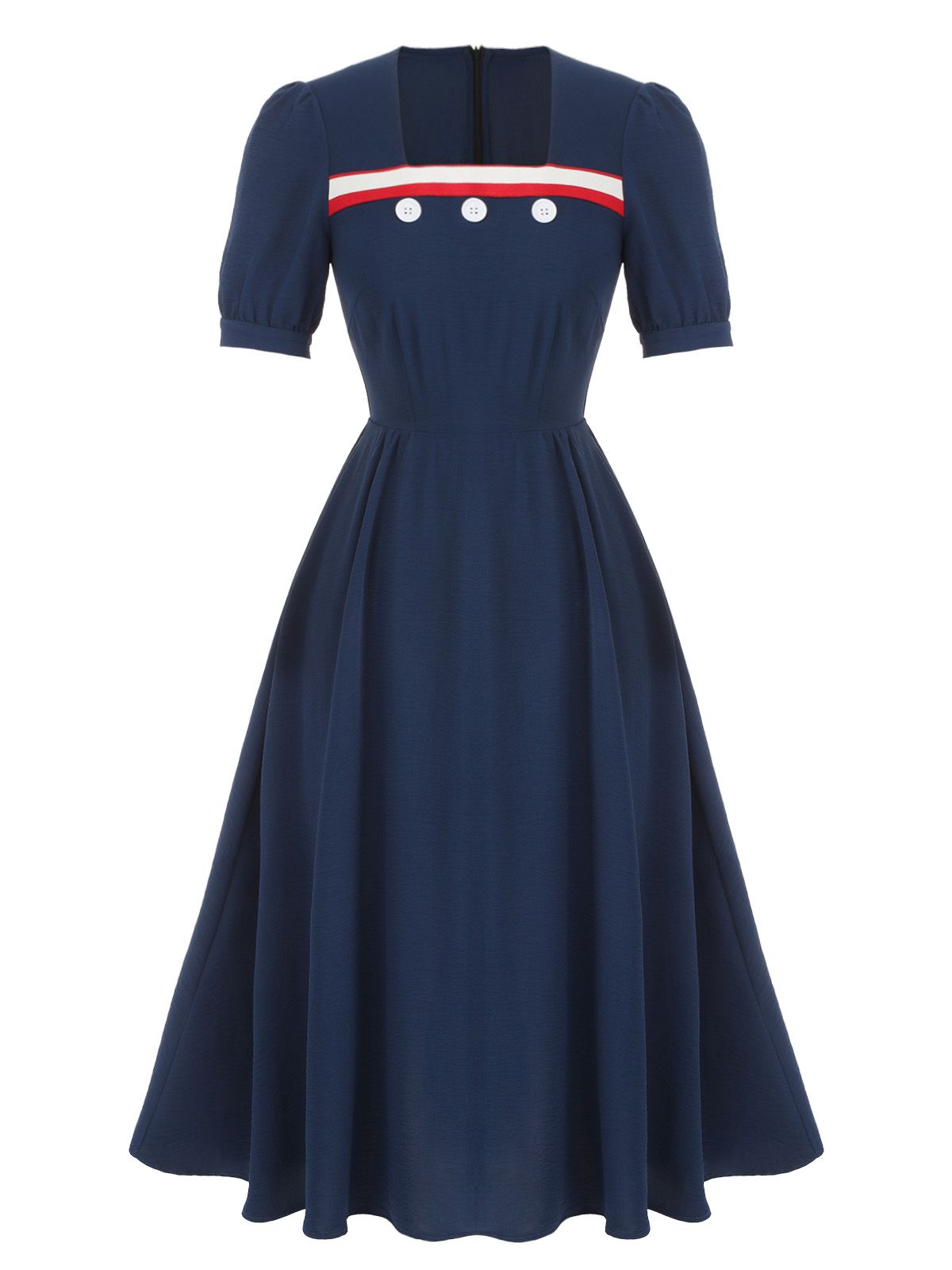 Dark Blue Square Neck Button Puff Dress