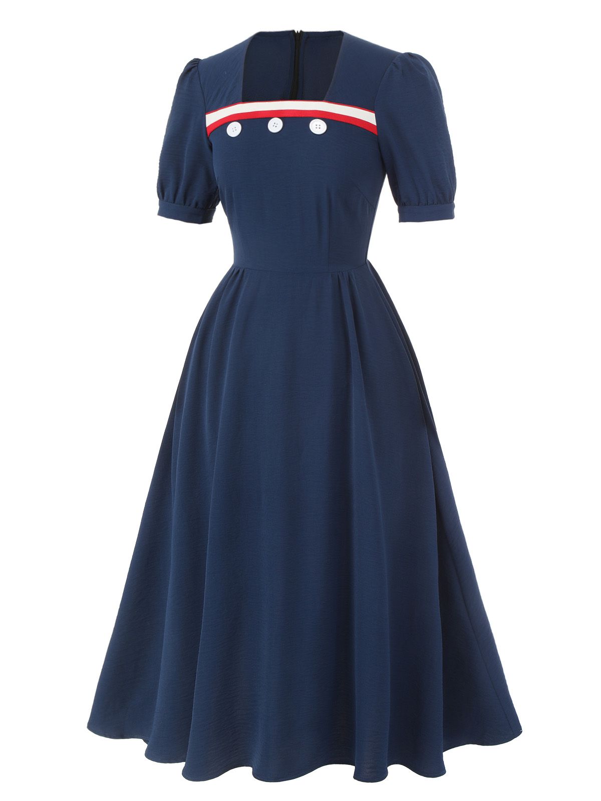 Dark Blue Square Neck Button Puff Dress