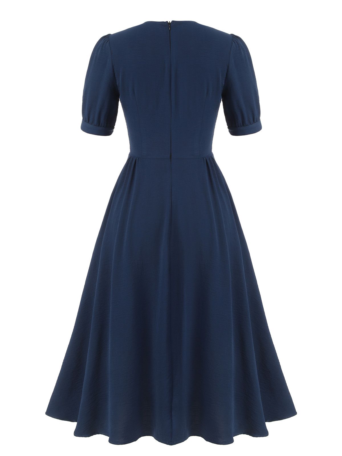 Dark Blue Square Neck Button Puff Dress