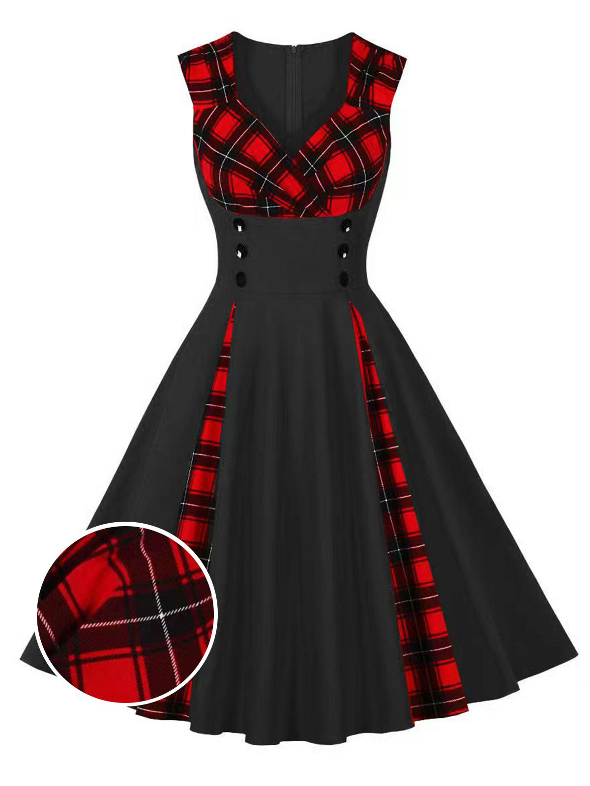 Red & Black Plaid V-Neck Dress