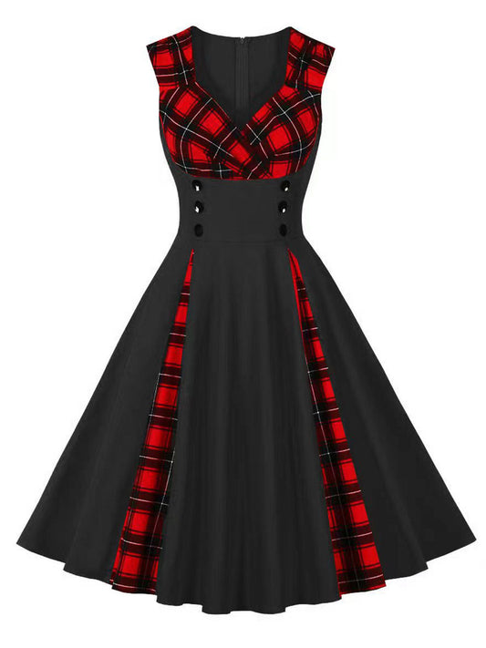 Red & Black Plaid V-Neck Dress