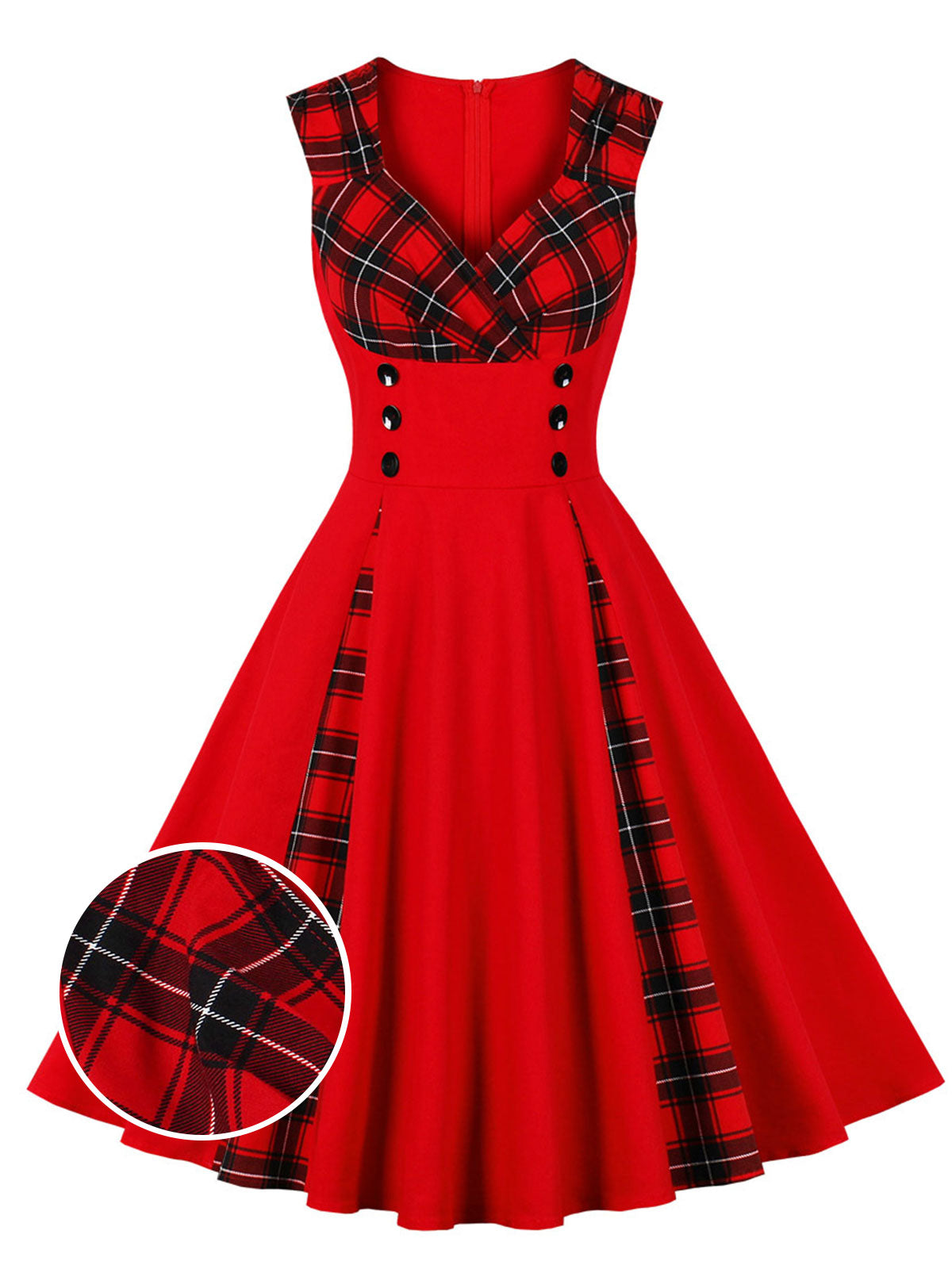 Red & Black Plaid V-Neck Dress