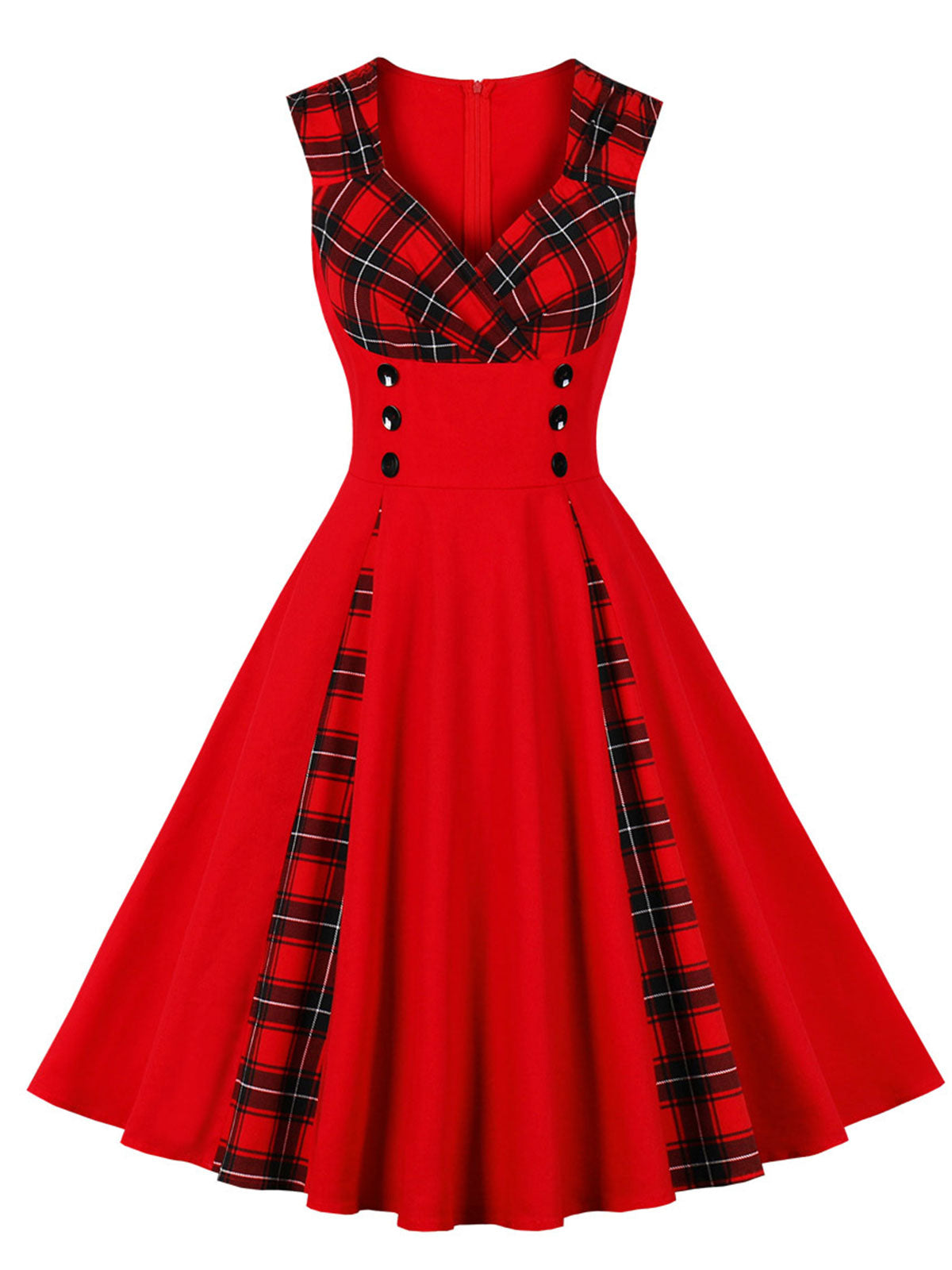 Red & Black Plaid V-Neck Dress