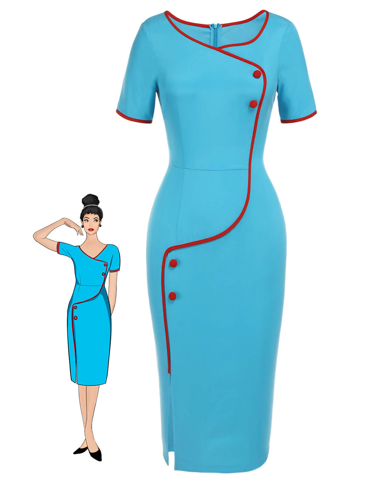 Royal Blue & Red  Button Pencil Dress