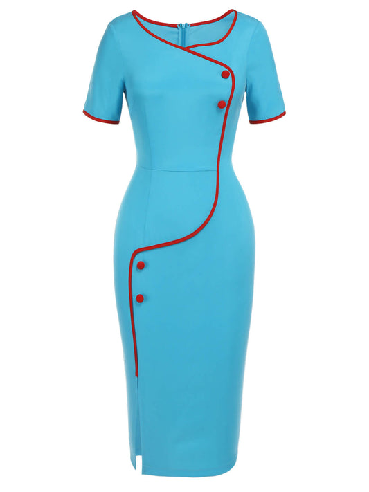 Royal Blue & Red  Button Pencil Dress