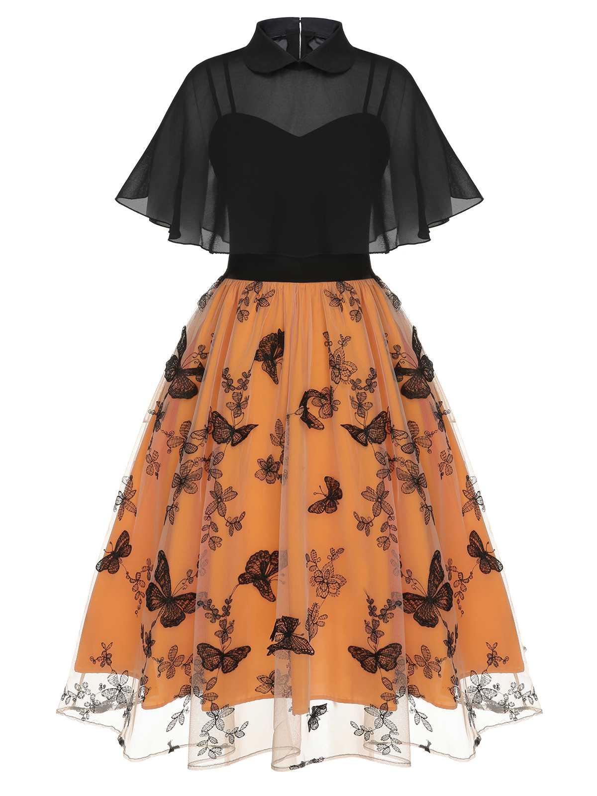 Black & Orange 3D Butterfly Cloak Dress