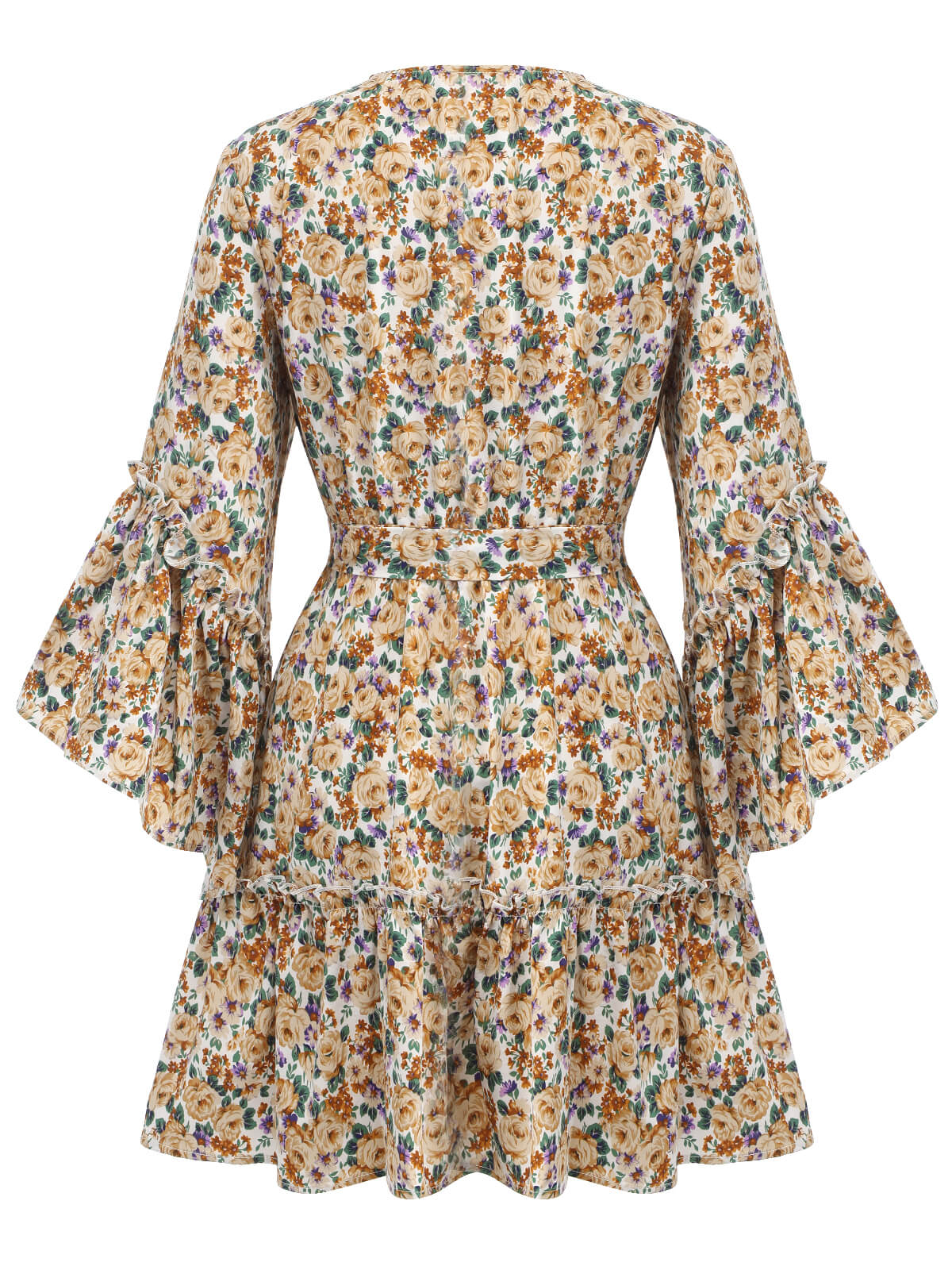 Floral Flared Long Sleeve Dress With Belt