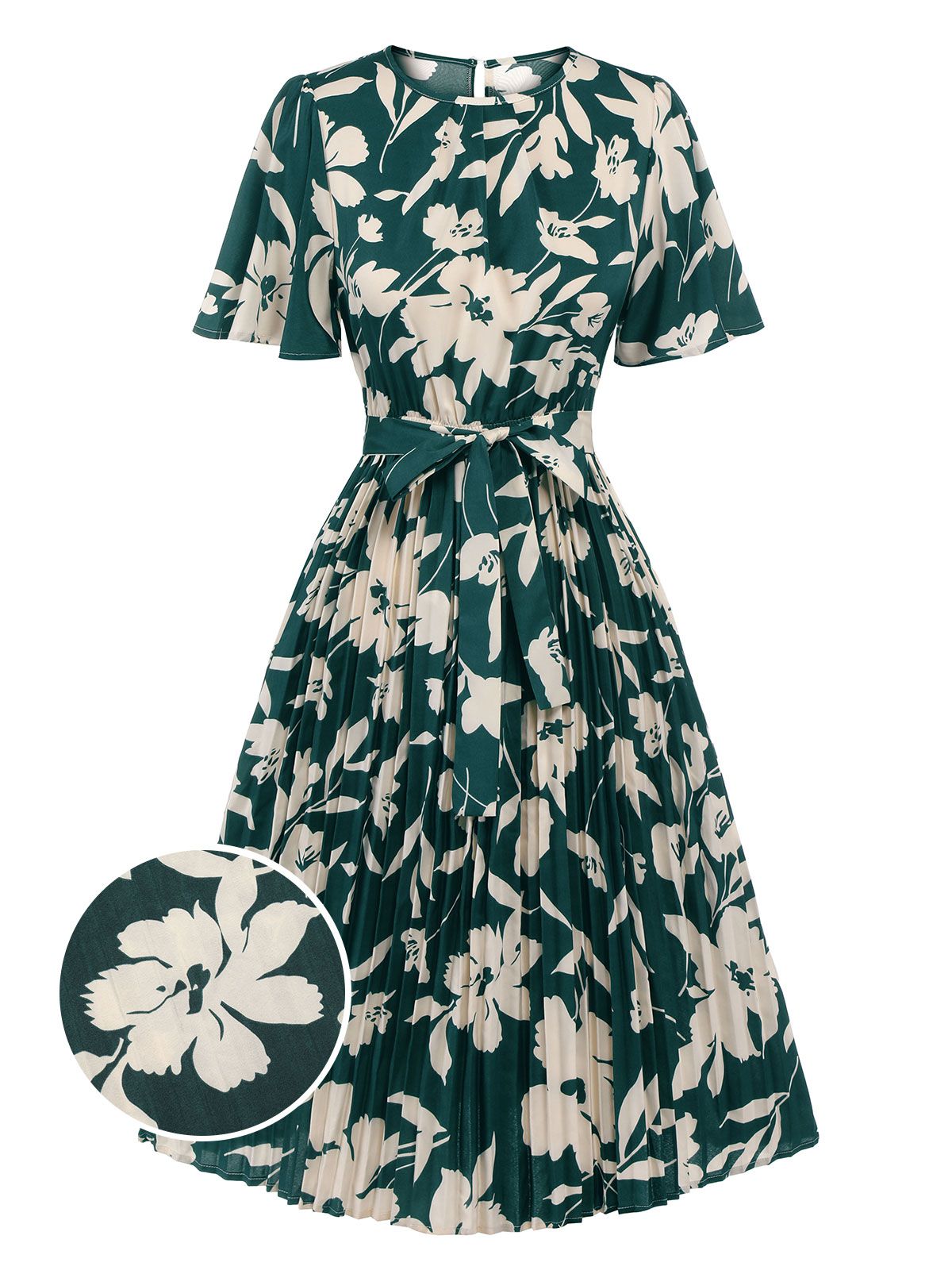 Green Floral Pleated Belt Dress