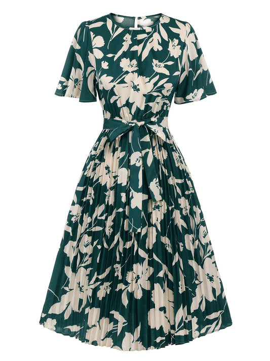 Green Floral Pleated Belt Dress