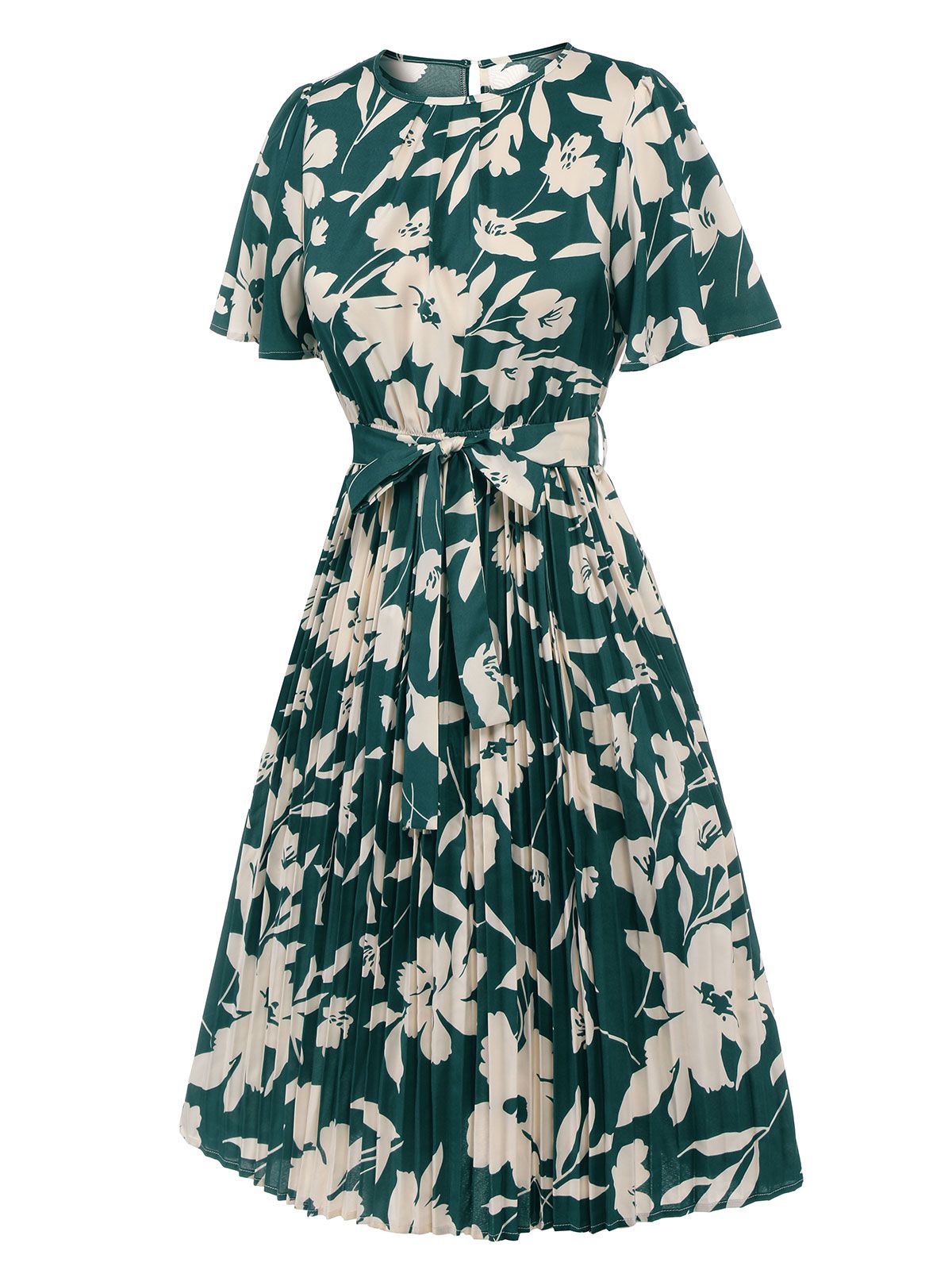 Green Floral Pleated Belt Dress