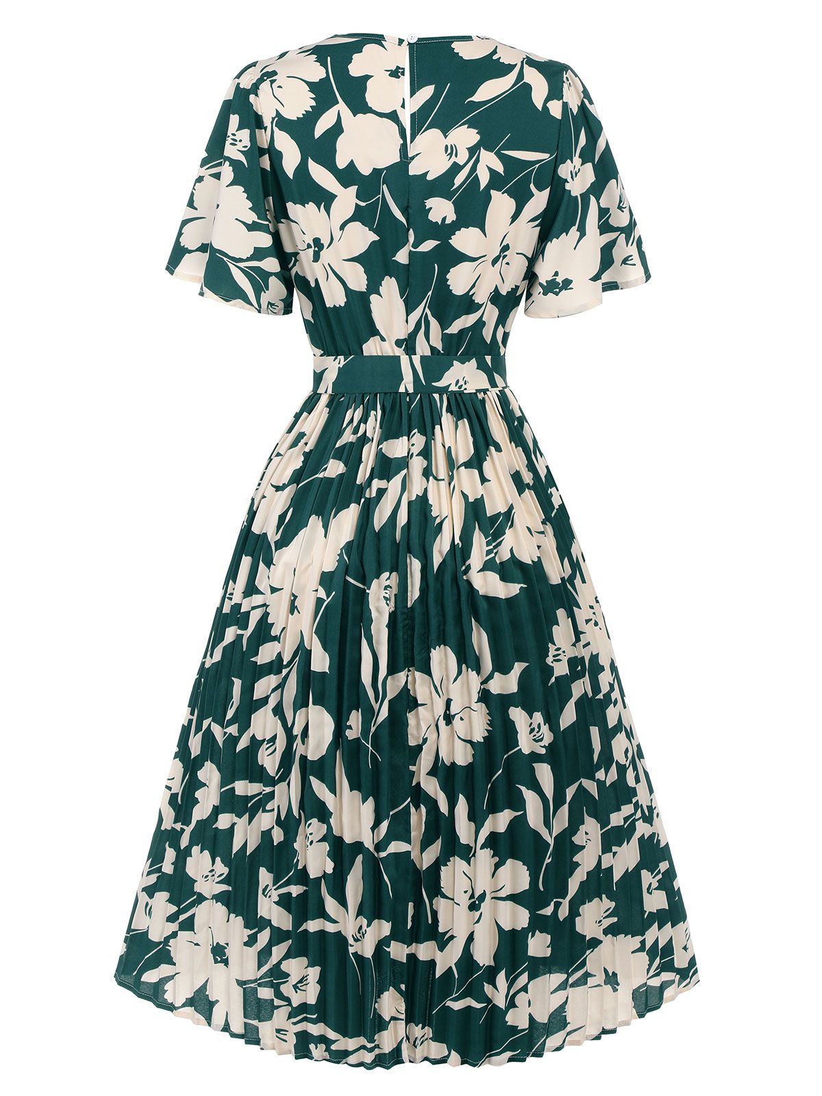 Green Floral Pleated Belt Dress