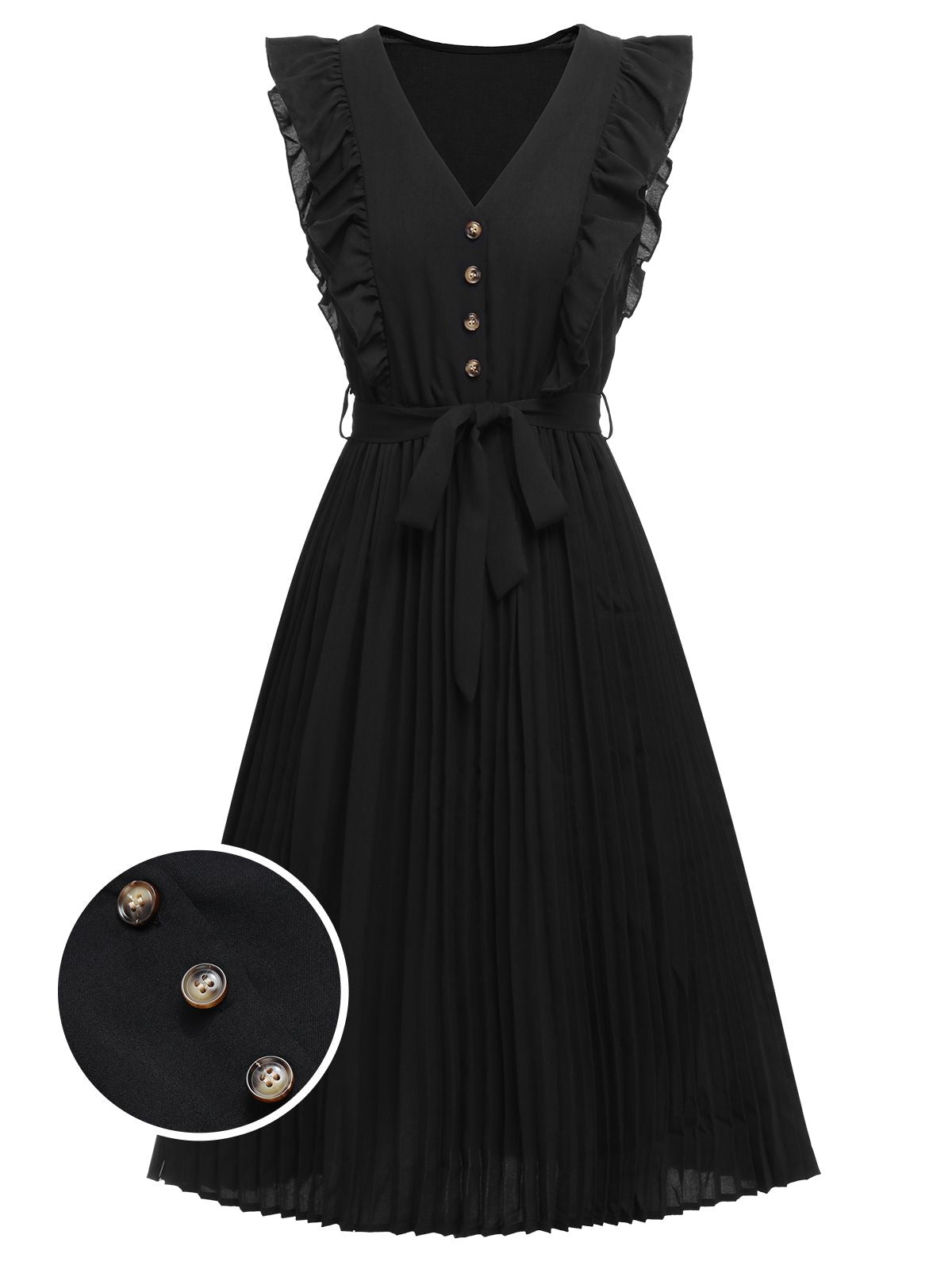 Black Solid Flying Sleeve Pleated Dress