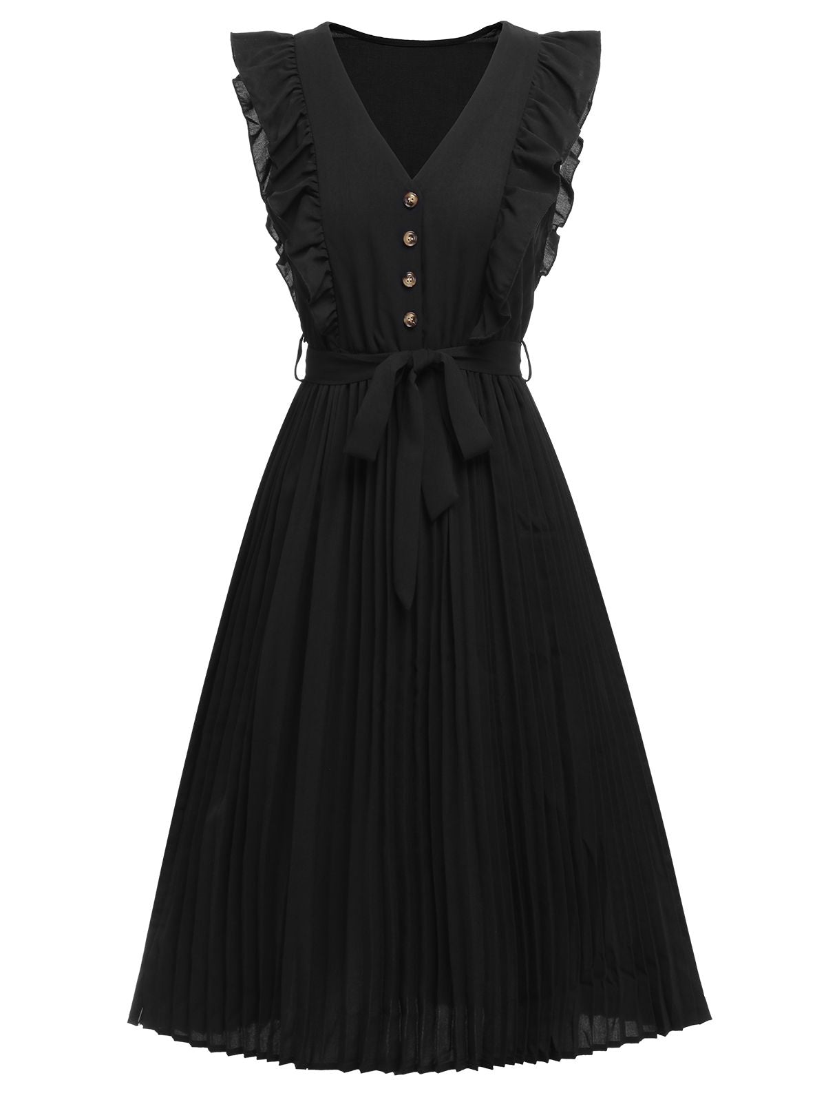 Black Solid Flying Sleeve Pleated Dress