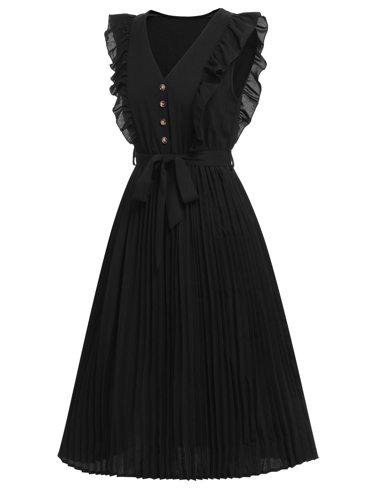 Black Solid Flying Sleeve Pleated Dress