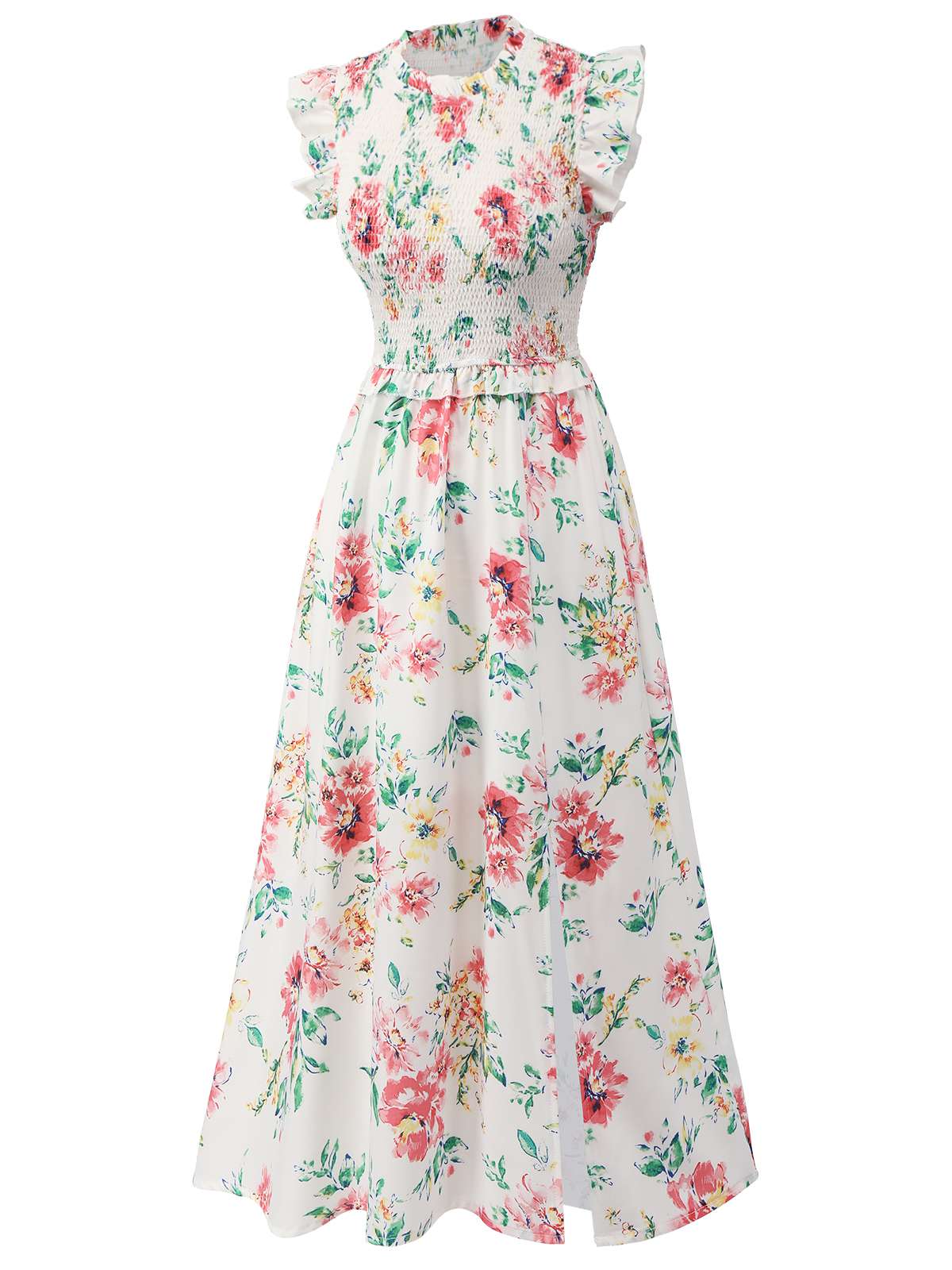 White Sleeveless Floral Ruffles Dress