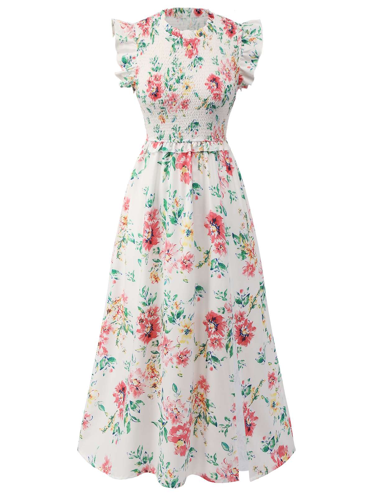 White Sleeveless Floral Ruffles Dress