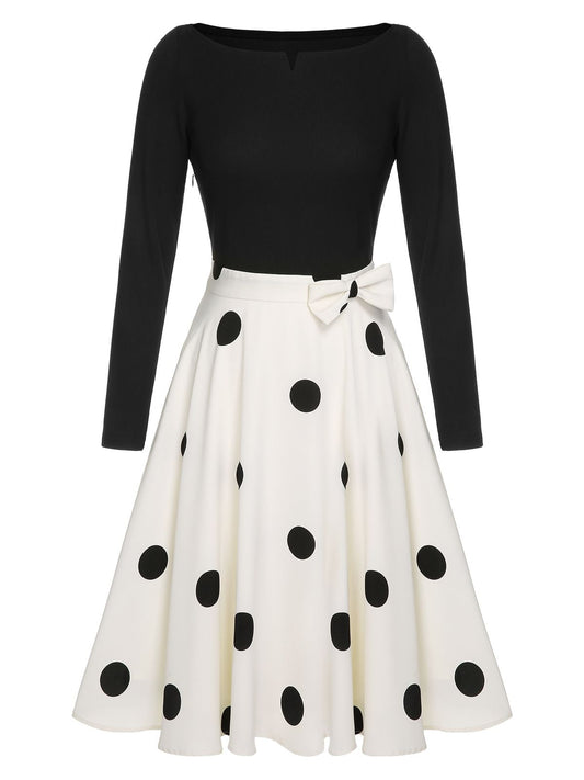 Black Polka Dot Bow Patchwork Knitted Dress